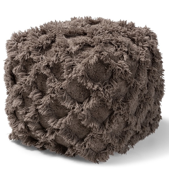 BAXTON STUDIO ASUKA MOROCCAN INSPIRED TAUPE HANDWOVEN COTTON FRINGE POUF OTTOMAN - Picture 6 of 6